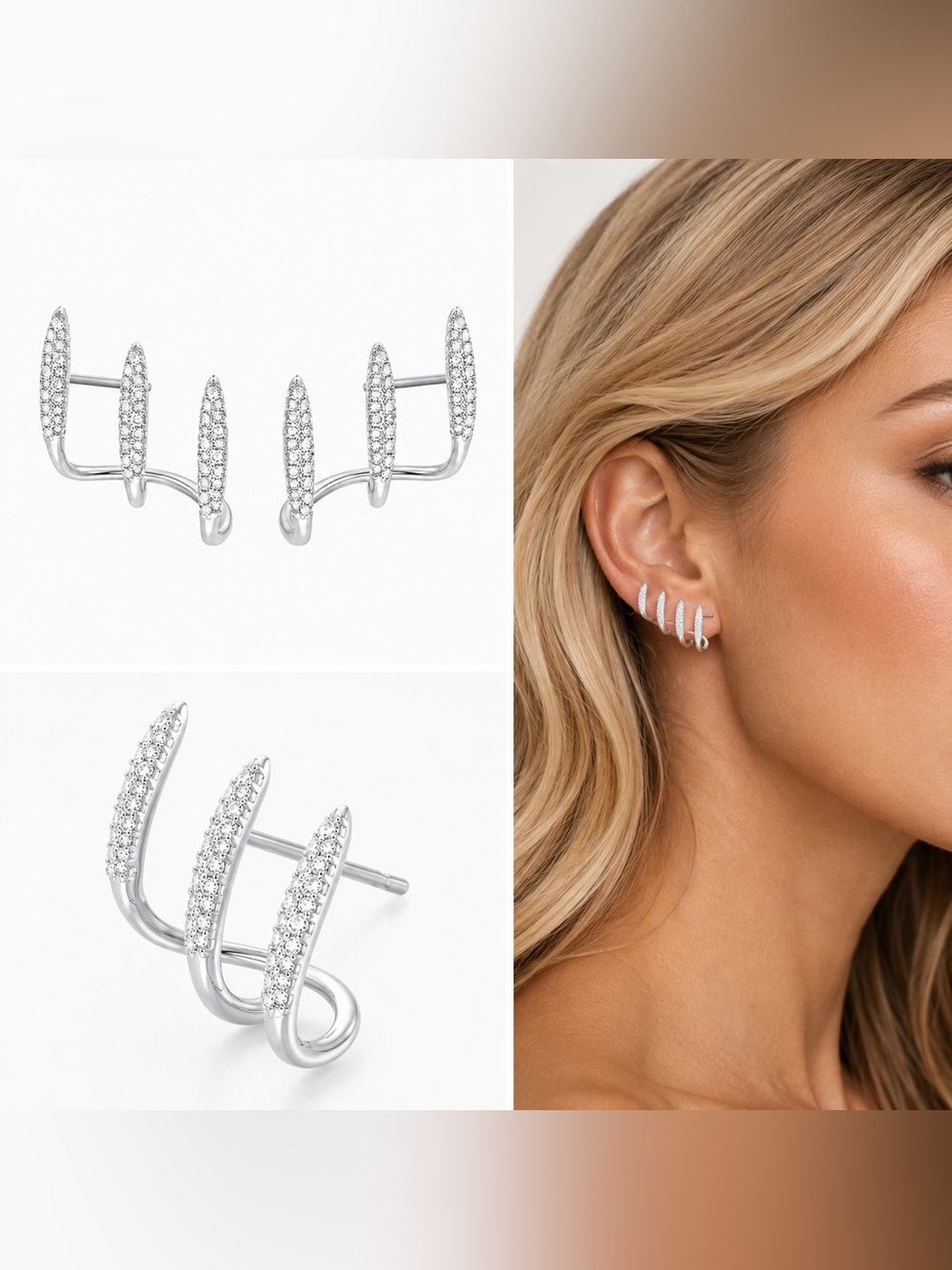 Silver Pave Crystal Triple Bar Ear Climber Stud Earrings 925 Sterling Silver